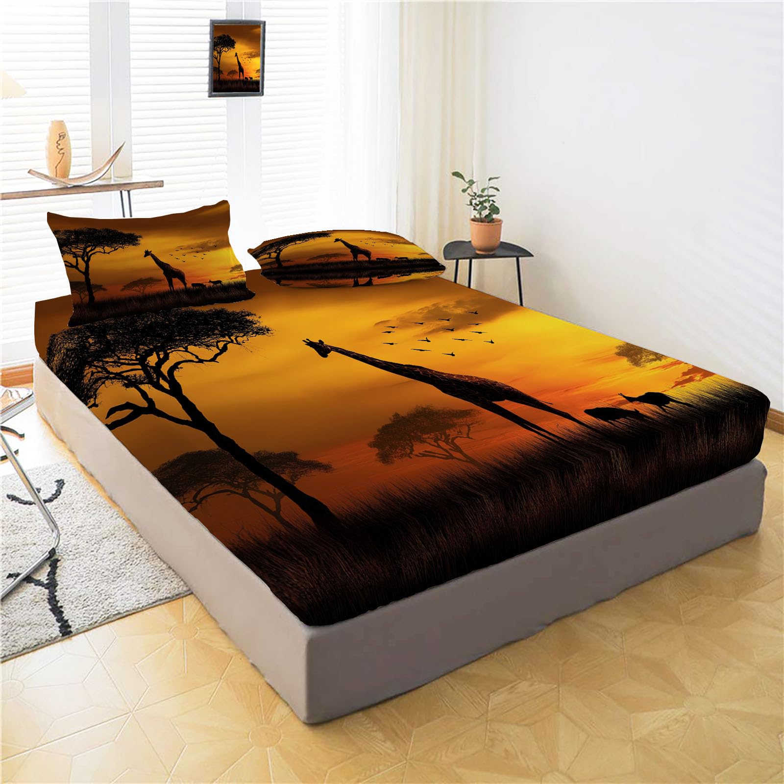 Sábana Bajera Ajustable De Jirafa De Sabana 200X190/200Cm, Juego De Ropa De Cama De Animales Africanos, Naranja Quemado, Sábana Bajera De Set (Sin Sábanas Encimera) Microfibra Suave Lavable