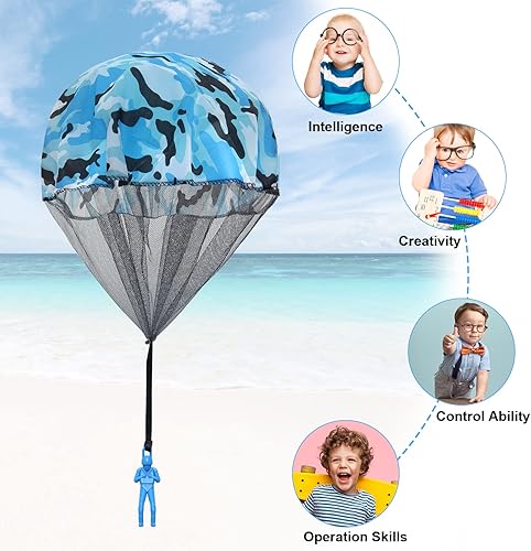 Miniatura 7 de Catcan 10 piezas de juguete de paracaídas de camuflaje azul paracaídas para hombre, juguete de paracaídas sin enredos, lanzamiento de mano al aire