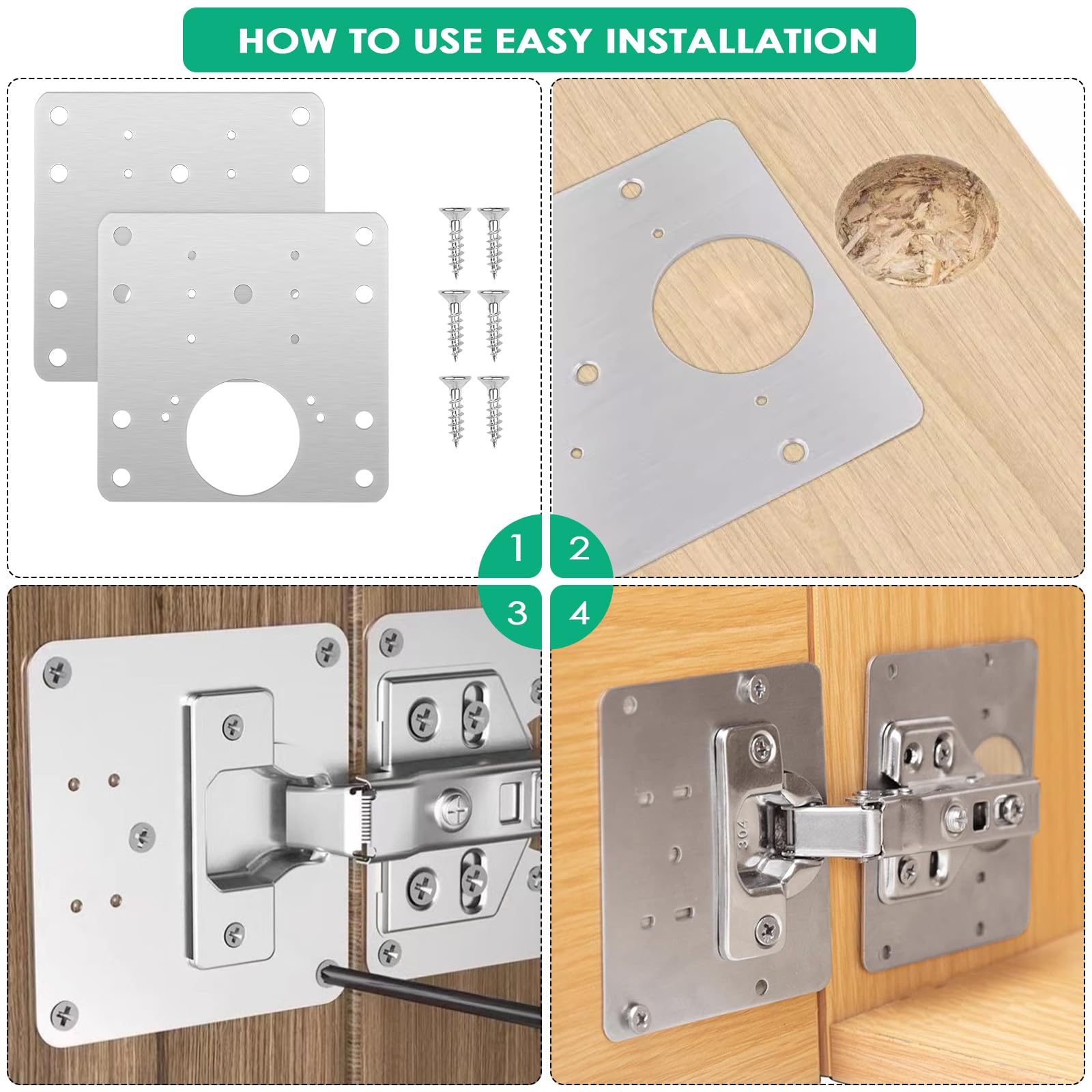 Fousenuk 10 Piezas Placa de Reparación de Bisagras Cocina, 9×9cm Inoxidable Hinge Repair Kit, Armario Bisagra Artefacto Reparación con Tornillos para de Madera Muebles, Gabinete, Cajón, Ventana