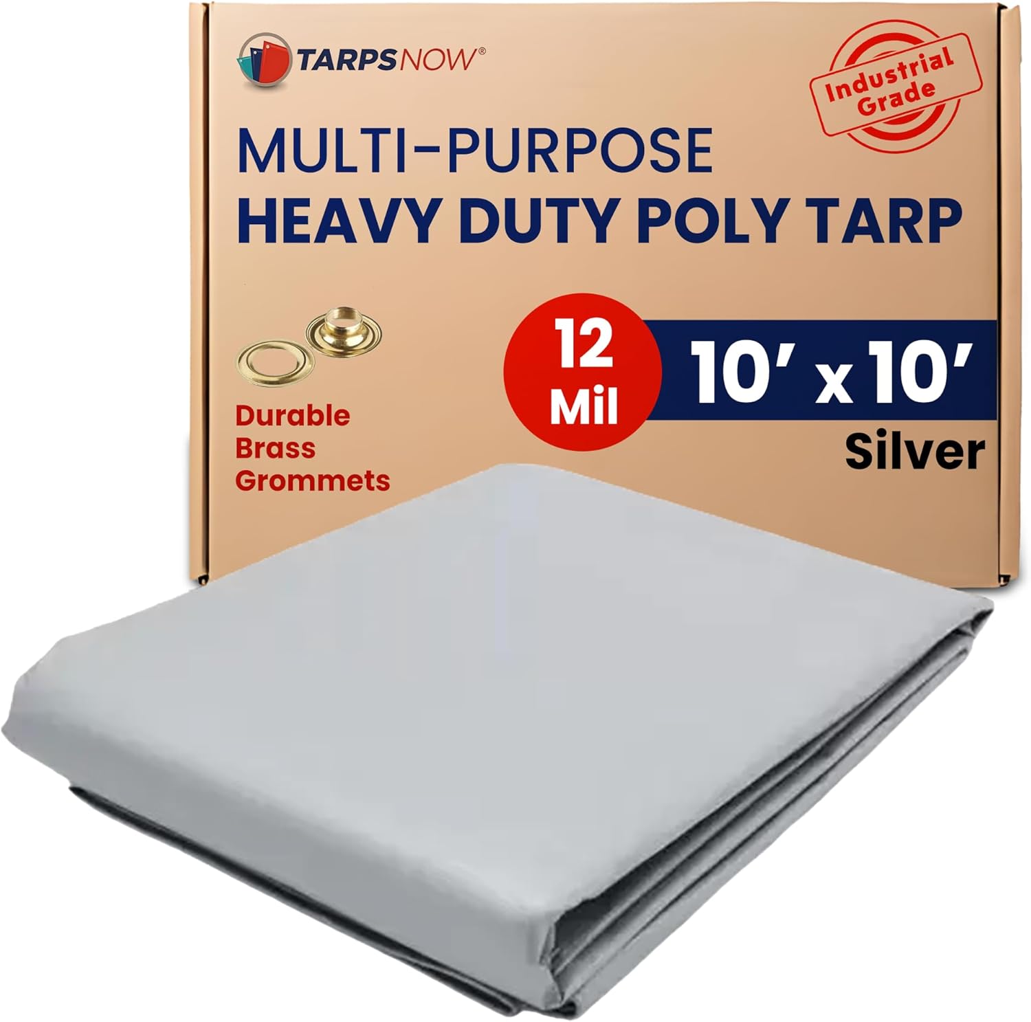 Tarps Now 10x10 ft Heavy Duty Waterproof Tarp | 12 Mil Silver Poly Tarpaulin with Aluminum Grommets | Large Outdoor Weatherproof Cover for Roof, Landscaping | UV Resistant Tarp with Reinforced Edges