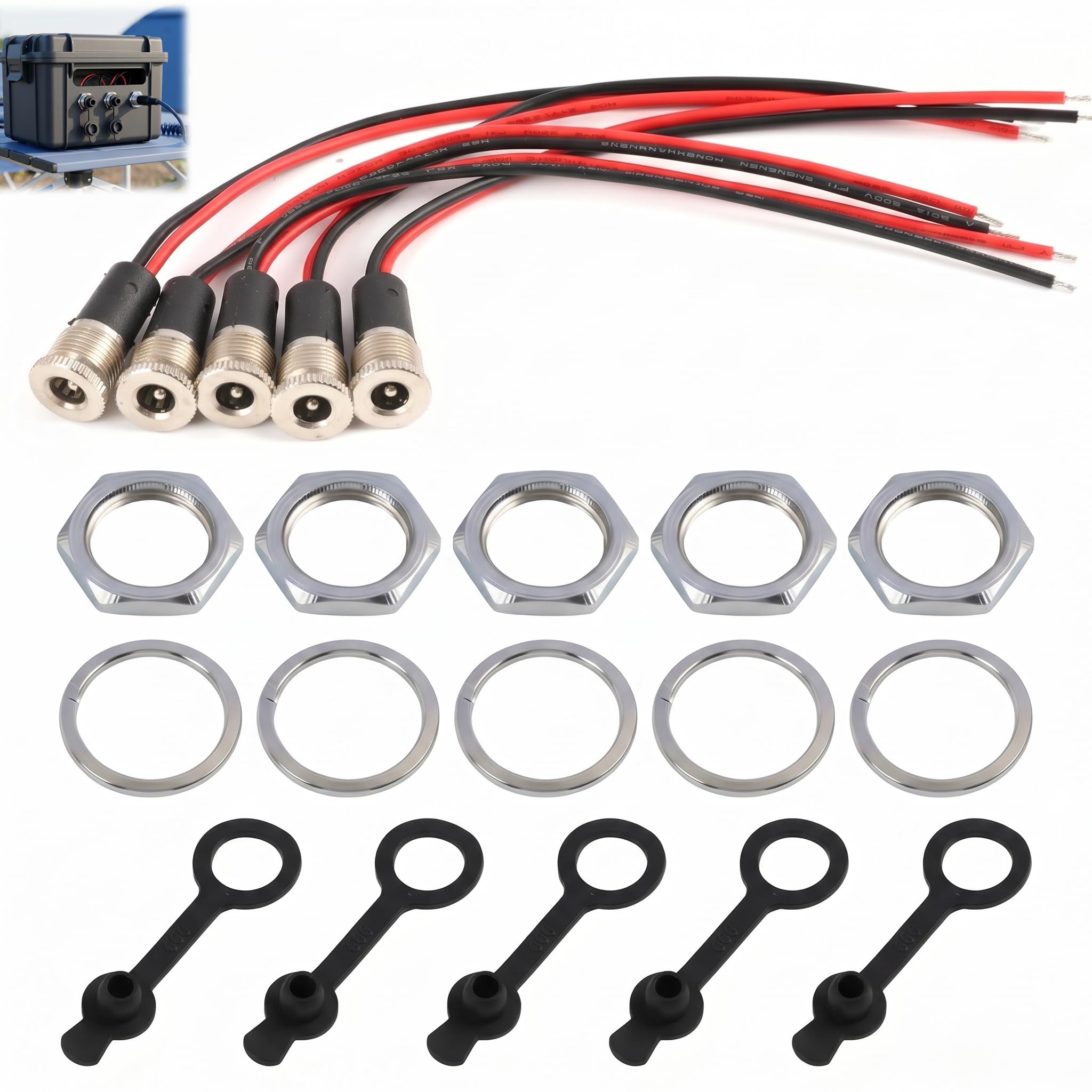 5 Stück DC Power Jack Socket 5,5 x 2,5 mm, DC Buchse Panel Mount mit Kabel 15cm und Gummi-Schutzkappe, Weibliche Hohlstecker Panel Mount DC Steckverbinder 10A, für Elektronik DIY Geräte Reparatur