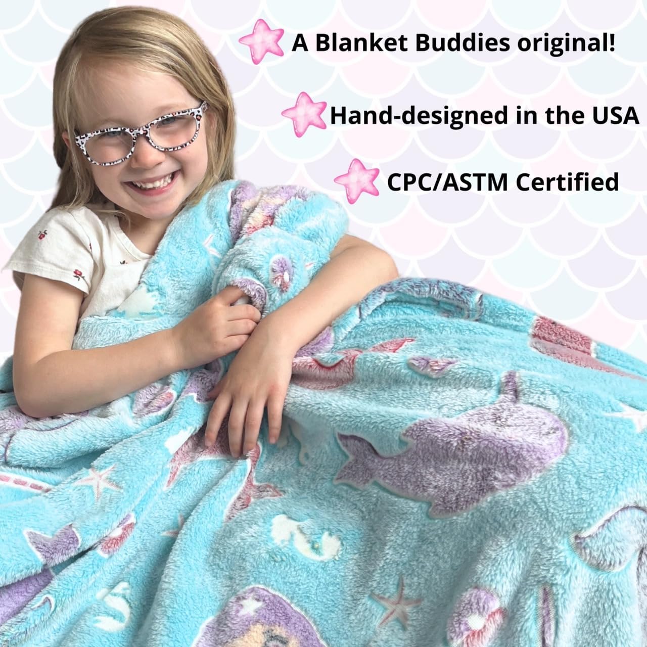 Mermaid Narwhal Throw Blanket: Glow in The Dark, Cozy, Soft, Warm, Fleece Girl Blanket with Starfish, Pearls, and Cute Mermaids 50" x 60" (Teal) - Image 4
