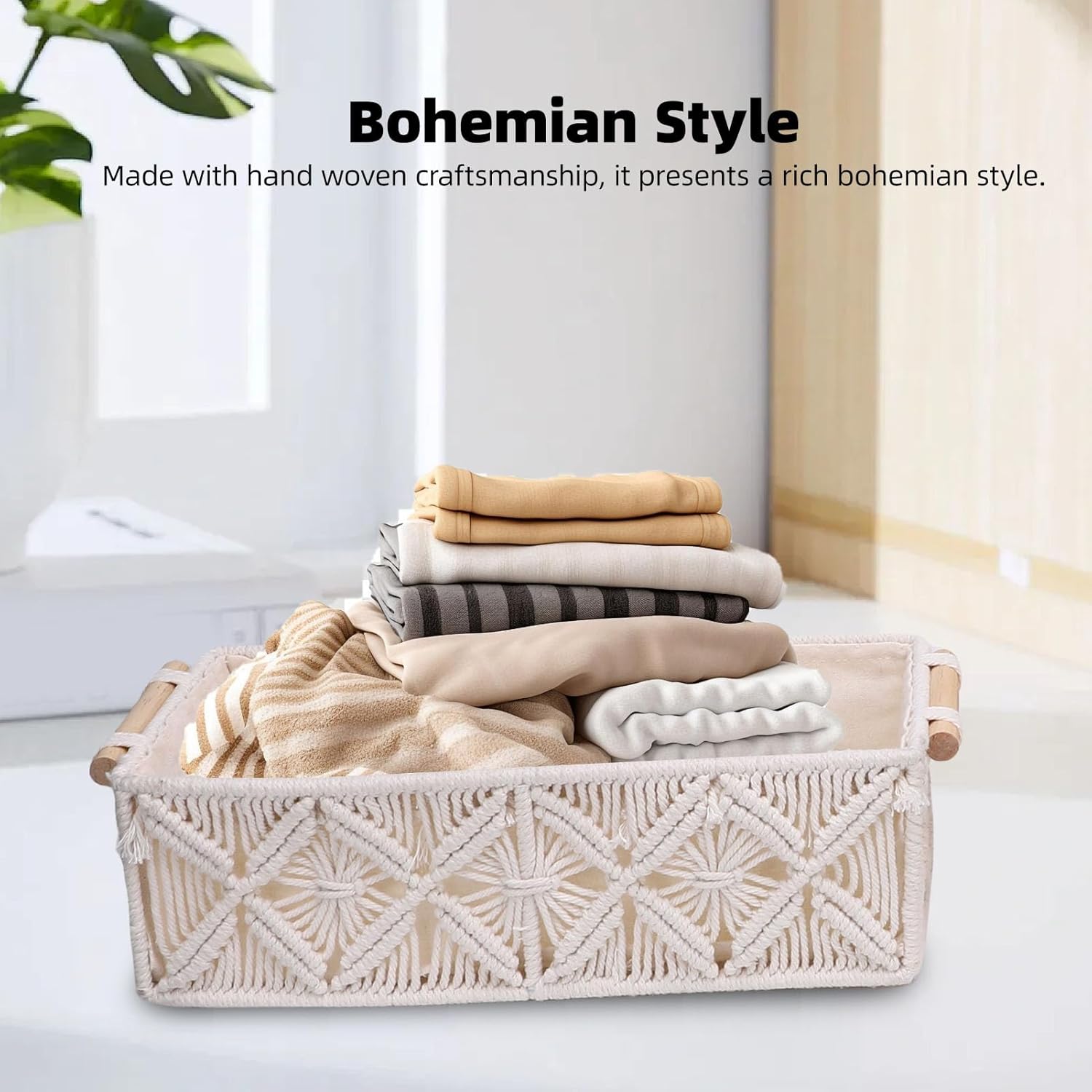 AUNMAS Hand Woven Storage Basket with Handles 2pcs Bohemian Cotton Rope Decorative Storage Bin for Towel Toiletries Magazines Remote Control