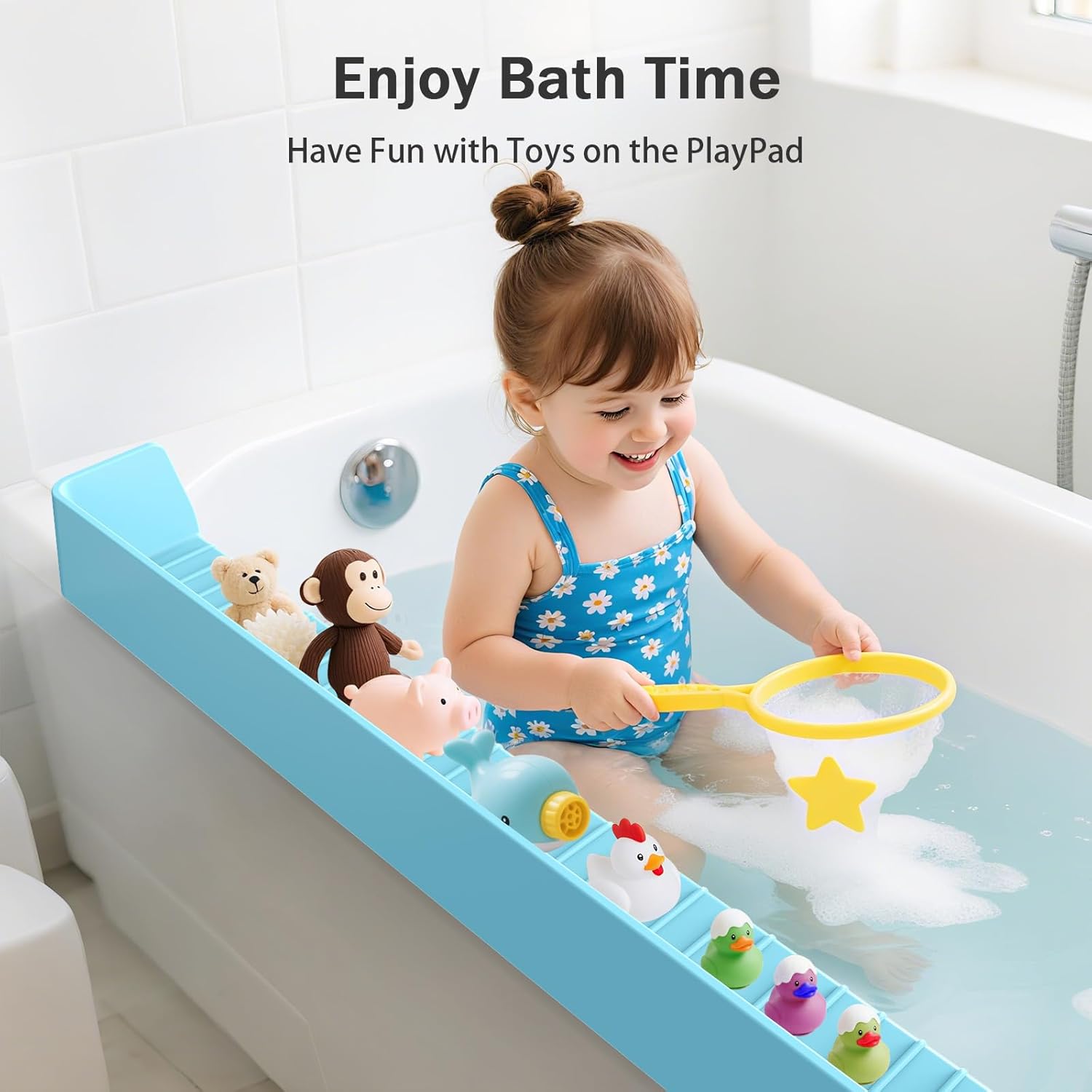 Bathtub Splash Guard PlayPad Shelf Area with Strong Suction Cups, Toy Tray Caddy Holder Storage Over Tub, Bathtub Ledge Guard, No Mess Water, Splash Protection Water Barrier for Bathroom-Blue