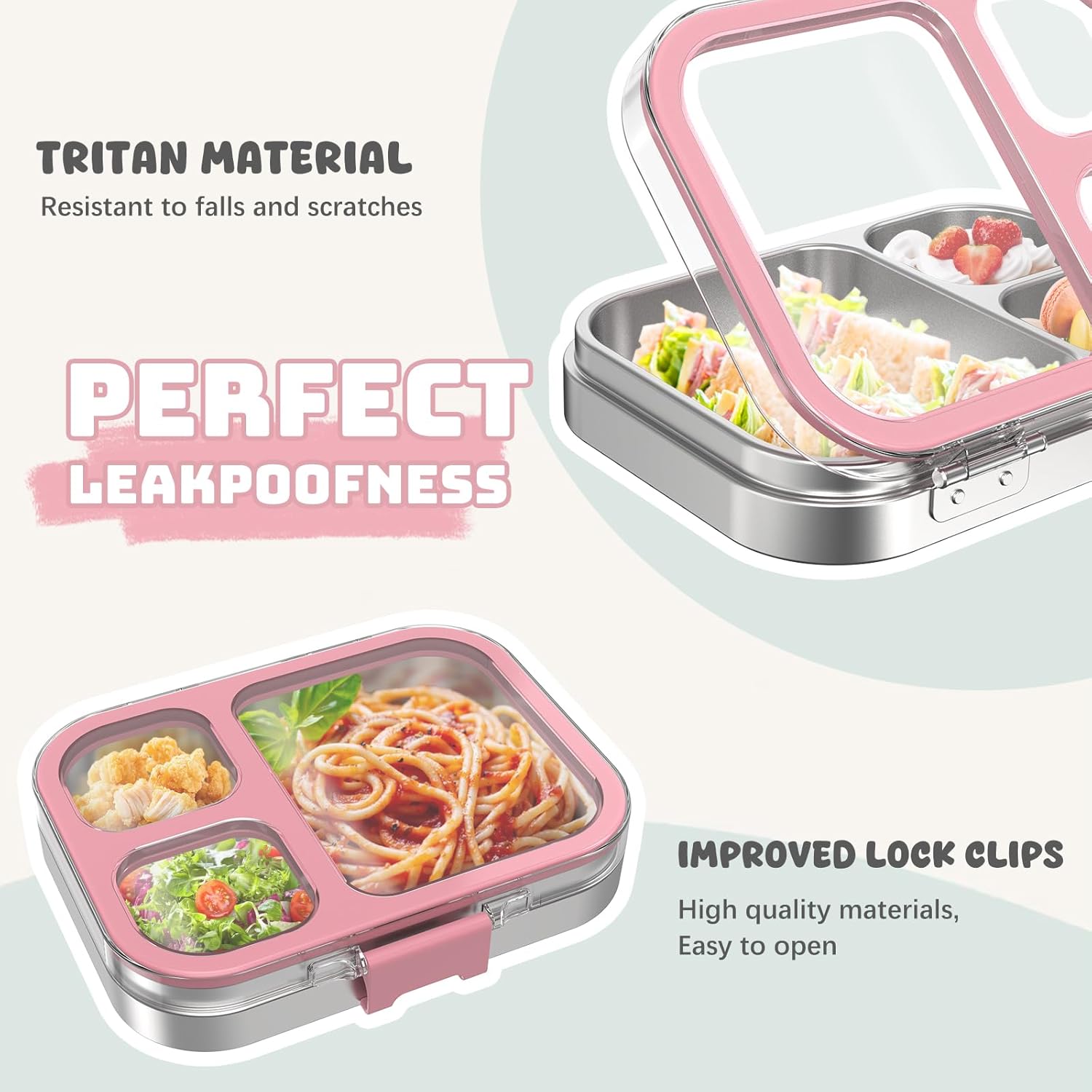 Kids Stainless Steel Bento Box with Silicone Lid Leak-proof Toddlers Lunch Container 3 Compartments,Pink - Image 4