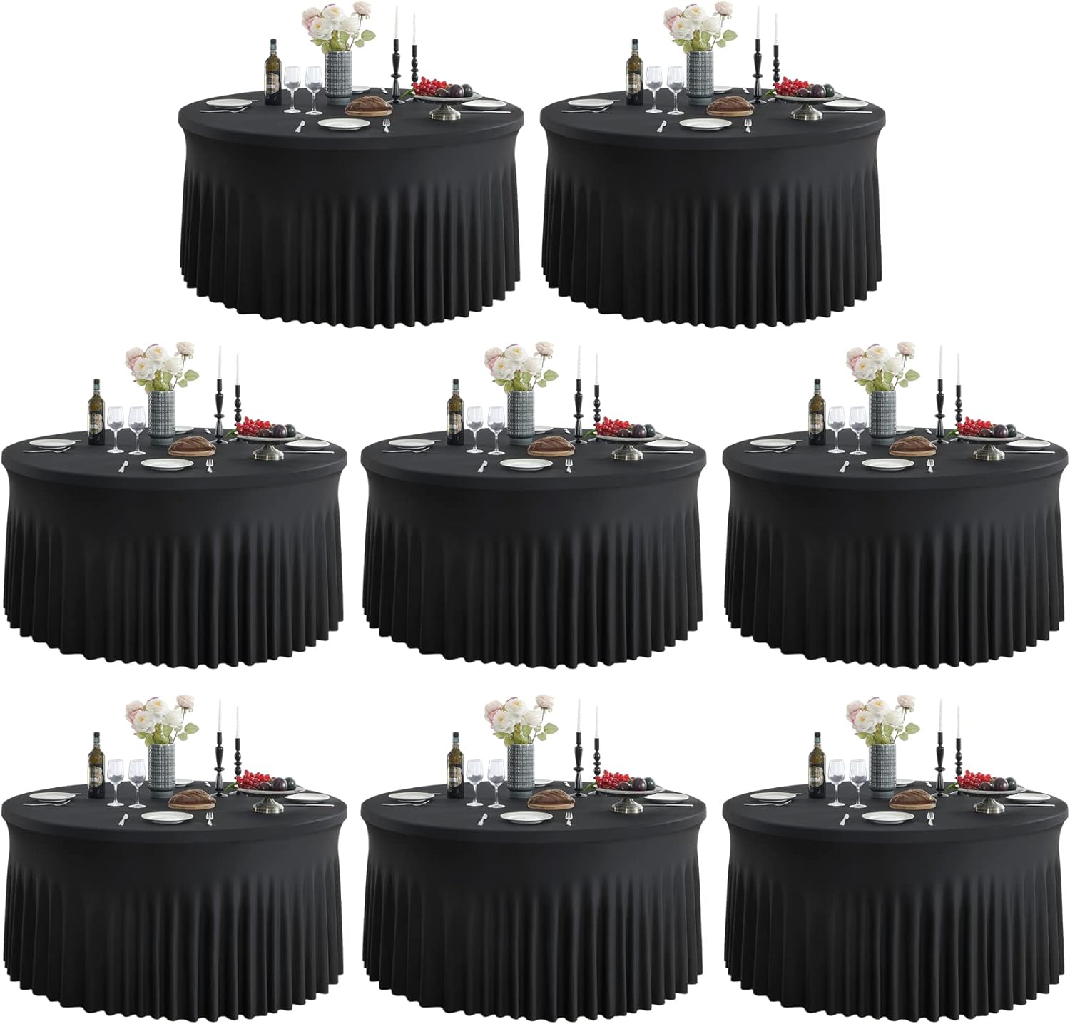 Outpain 8 Pack Spandex Black Round Tablecloths for 60in