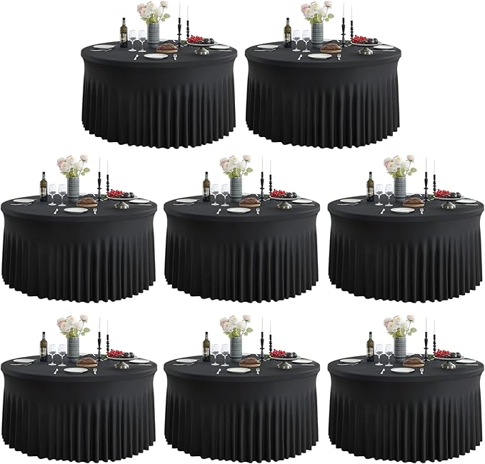 Outpain 8 Pack Spandex Black Round Tablecloths for 60in
