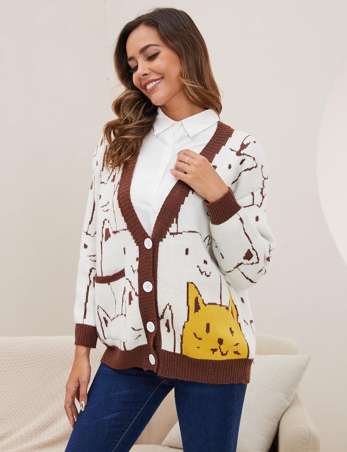 Wyeysyt Cat Sweater for Women Casual Button Down V Neck Cable Knit Cardigan Cute Kawaii Cartoon Cardigan Coat - Image 4
