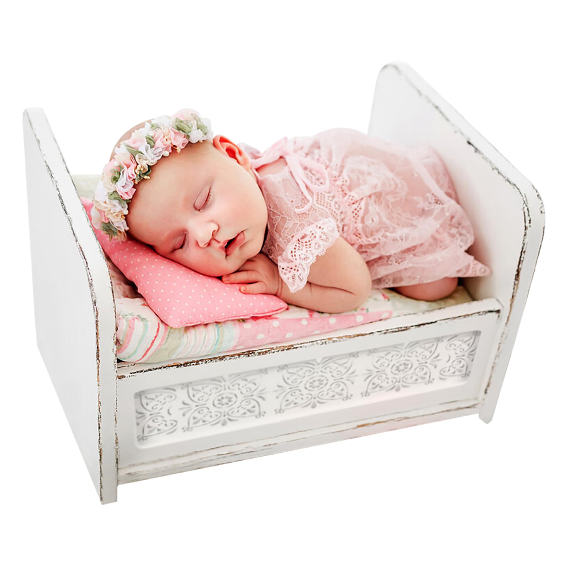 Newborn Photography Wooden Bed Baby Photoshoot Prop Doll Bed Baby Photo Prop White Openwork Pattern Wood Mini Bed for Newborn Baby Doll Bed Make The Old Bed Baby Photo Studio Props