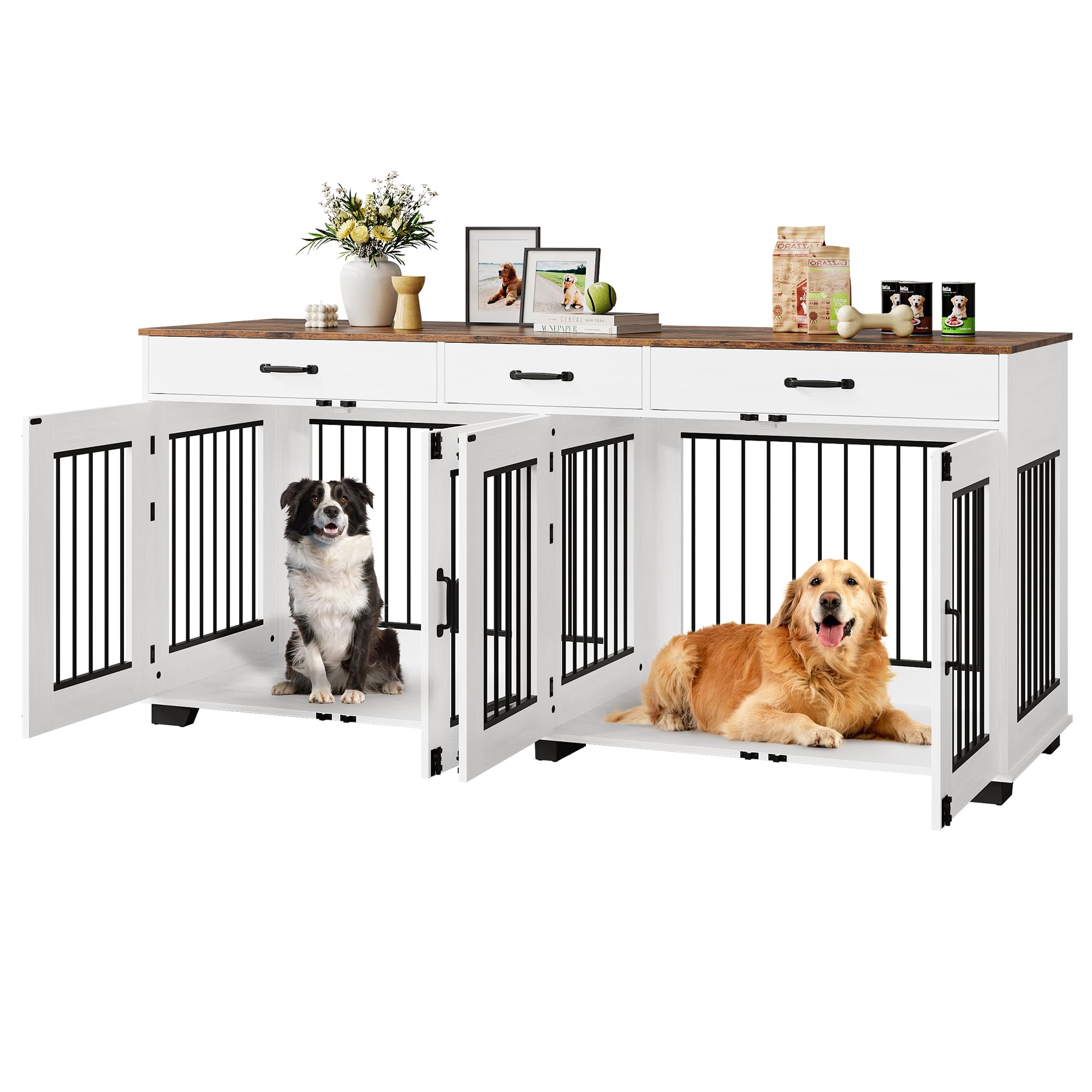 Image showcasing 71-Inch Large Dog Crate with 3 Drawers for 2 Dogs, Spacious Wooden ...