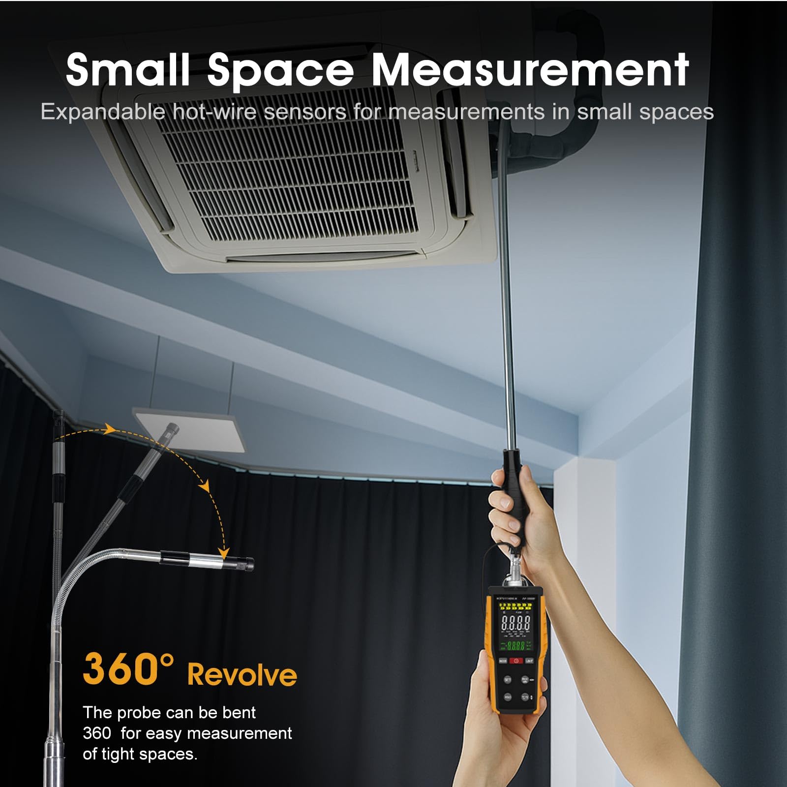 Anémomètre Portable, Anémomètre à fil Chaud pour CVC Avec Vitesse du Vent et Vitesse du Flux D'air 0,1-30 m/s CFM/CMM Débit D'air 0-999900 MAX/MIN/AVG Température et Rétroéclairage écran LCD AP-9000F
