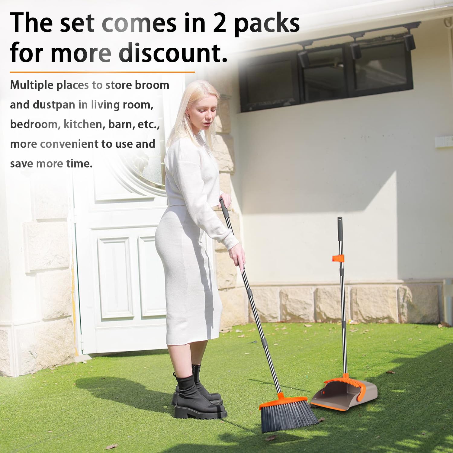 2er-Pack ist wirtschaftlicher, verbesserter aufrechter Besen und Kehrschaufel mit 132,1 cm langem Griff, Kehrschaufelzähne mit Selbstreinigungsfunktion, Kehren für drinnen und draußen, perfekt für