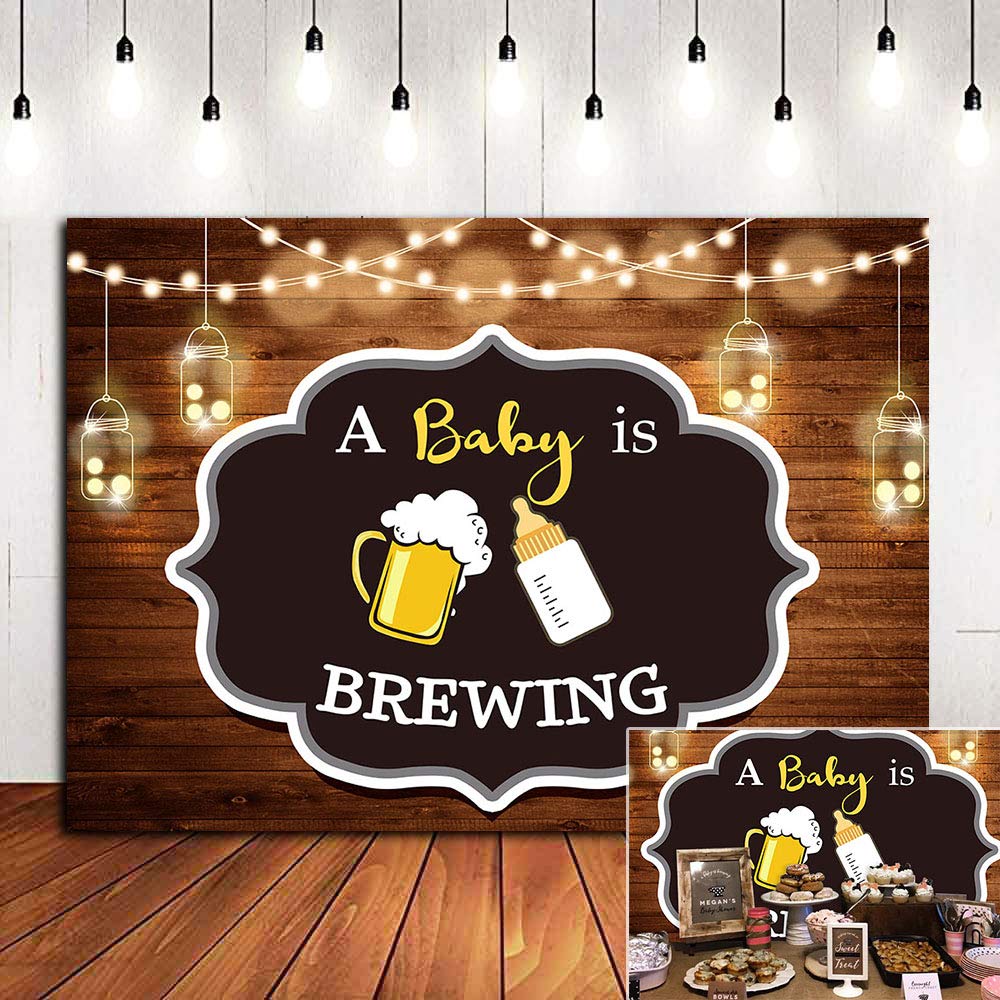 A Baby is Brewing Themed Photography Backdrop for Baby Shower Party Banner Decorations Vinyl 7x5ft Beer Bottle Rustic Wood Glitter Photo Background