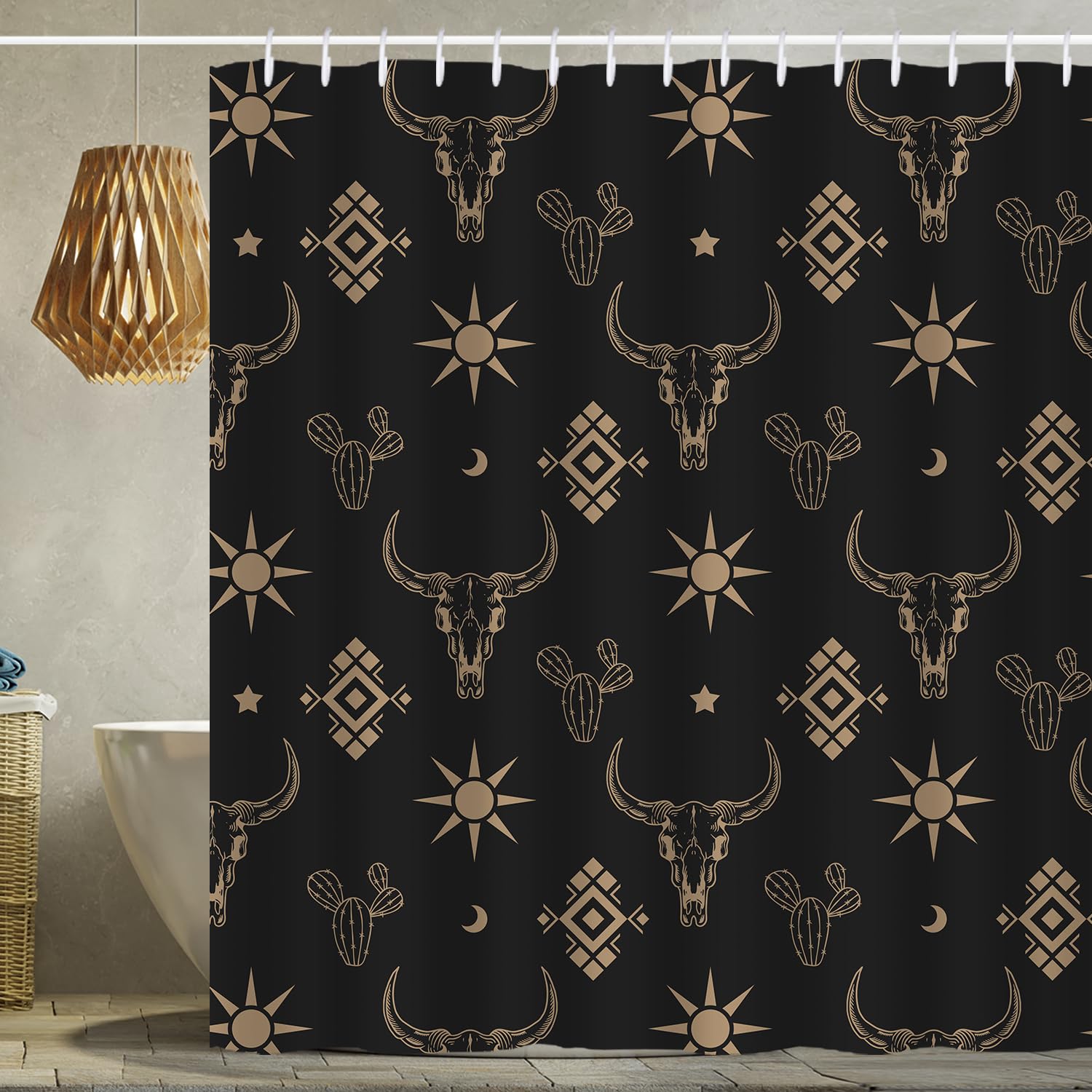 Western Aztec Shower Curtain for Bathroom Boho Cactus Bull Skull Cow Longhorn Skullhead 72x72 Inch Black Shower Curtains Western with Hooks Waterproof Polyester Curtain (Black Gold Bull Skull)