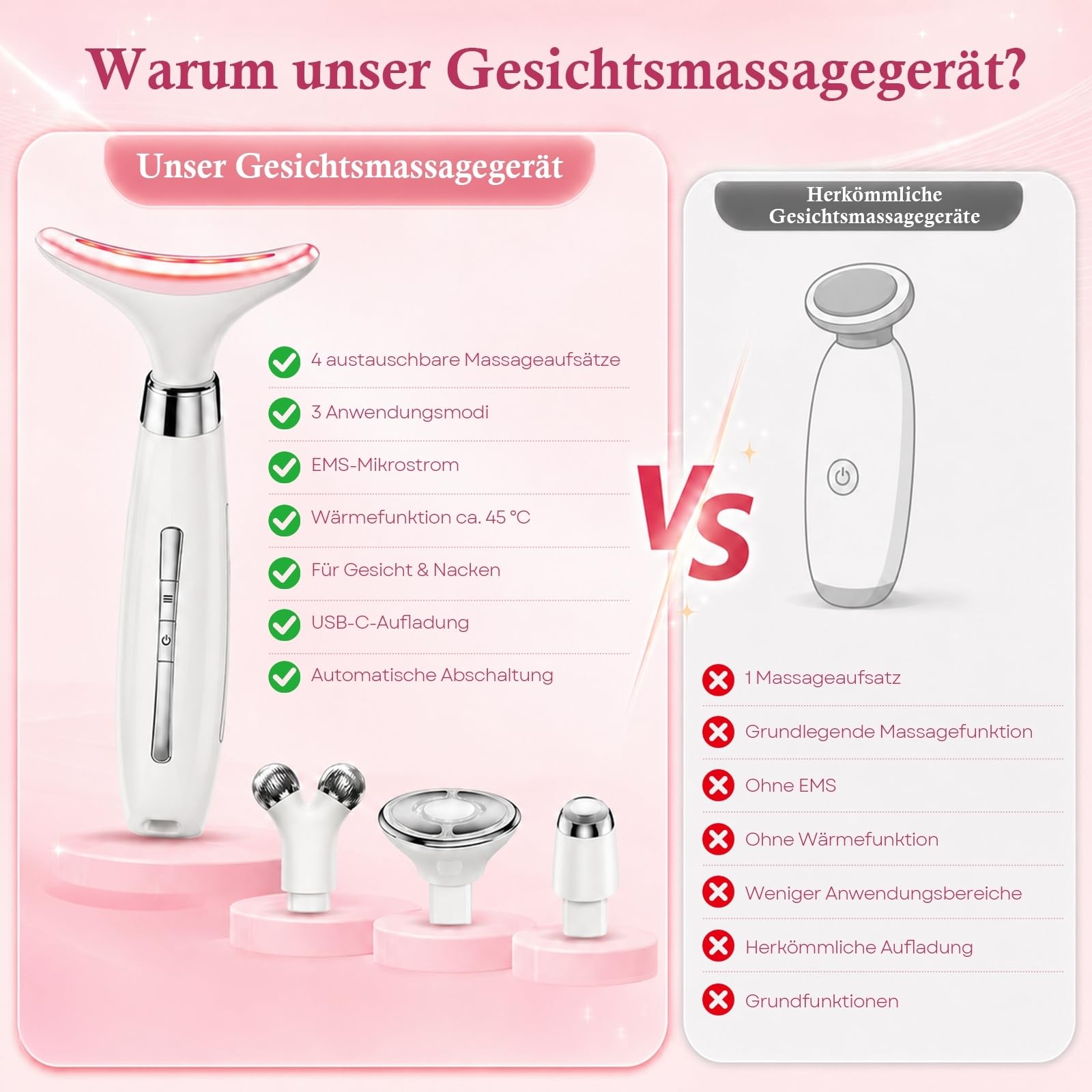 Gesichtsmassagegerät Gesicht Massagegerät Face Massager: 4-in-1 EMS Gerät Gesicht mit 4 Massageköpfen - Massagegerät Gesicht mit Wärmefunktion LED Licht & Vibrationsmassage für Gesicht & Hals Gerät
