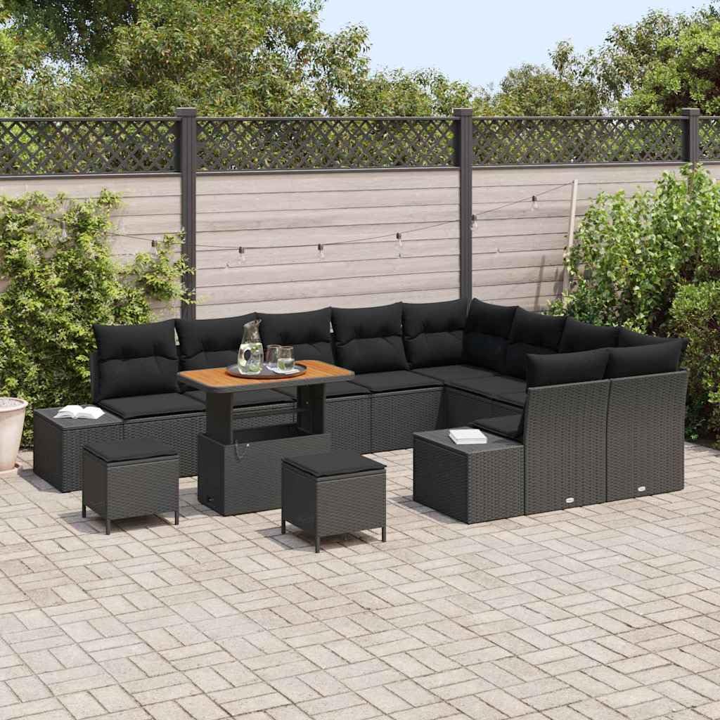 Sofa ogrodowa z poduszkami, 12-częściowy, czarny, polirattan, modułowa, odporna na warunki atmosferyczne, do użytku na zewnątrz, na balkon, taras, do ogrodu