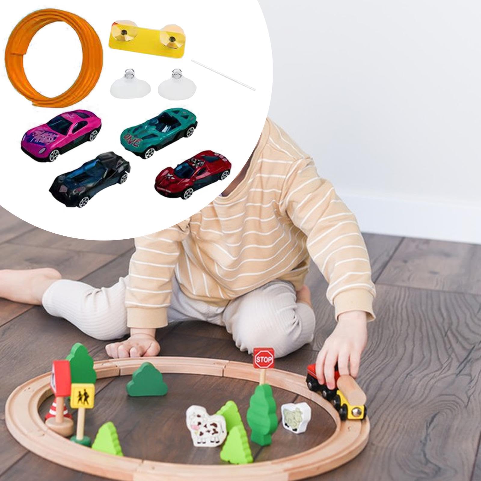 Pista de Carreras Flexible 4.5m (14.8 ft) con Ventosa y 4 Coches de Aleación, Juguete de Pista Portátil para Niños