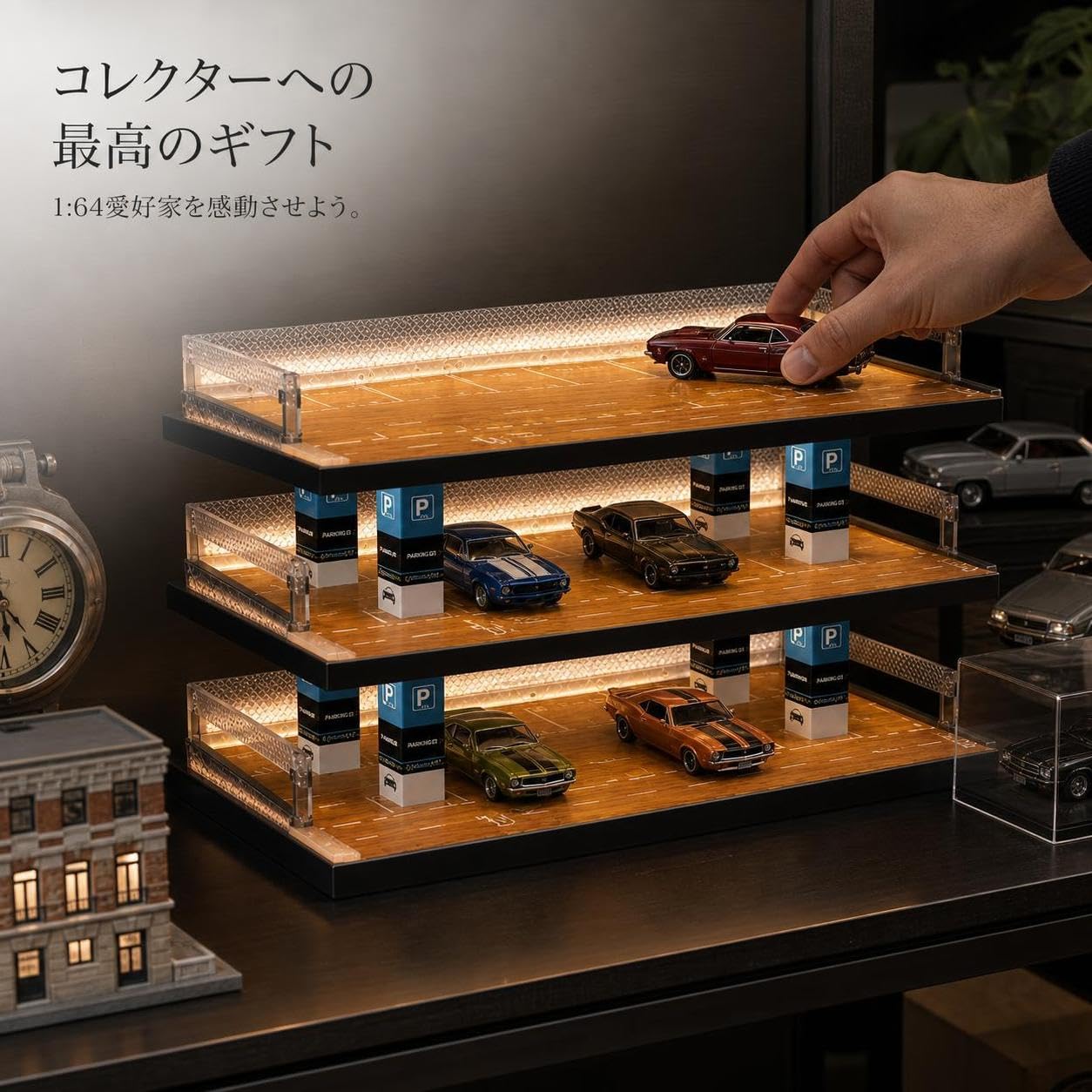 Exhibidor Juguetes con Luces, Vitrina Exhibición Escala 1/64 para Estacionamiento Diecast, Parking Coches Juguete