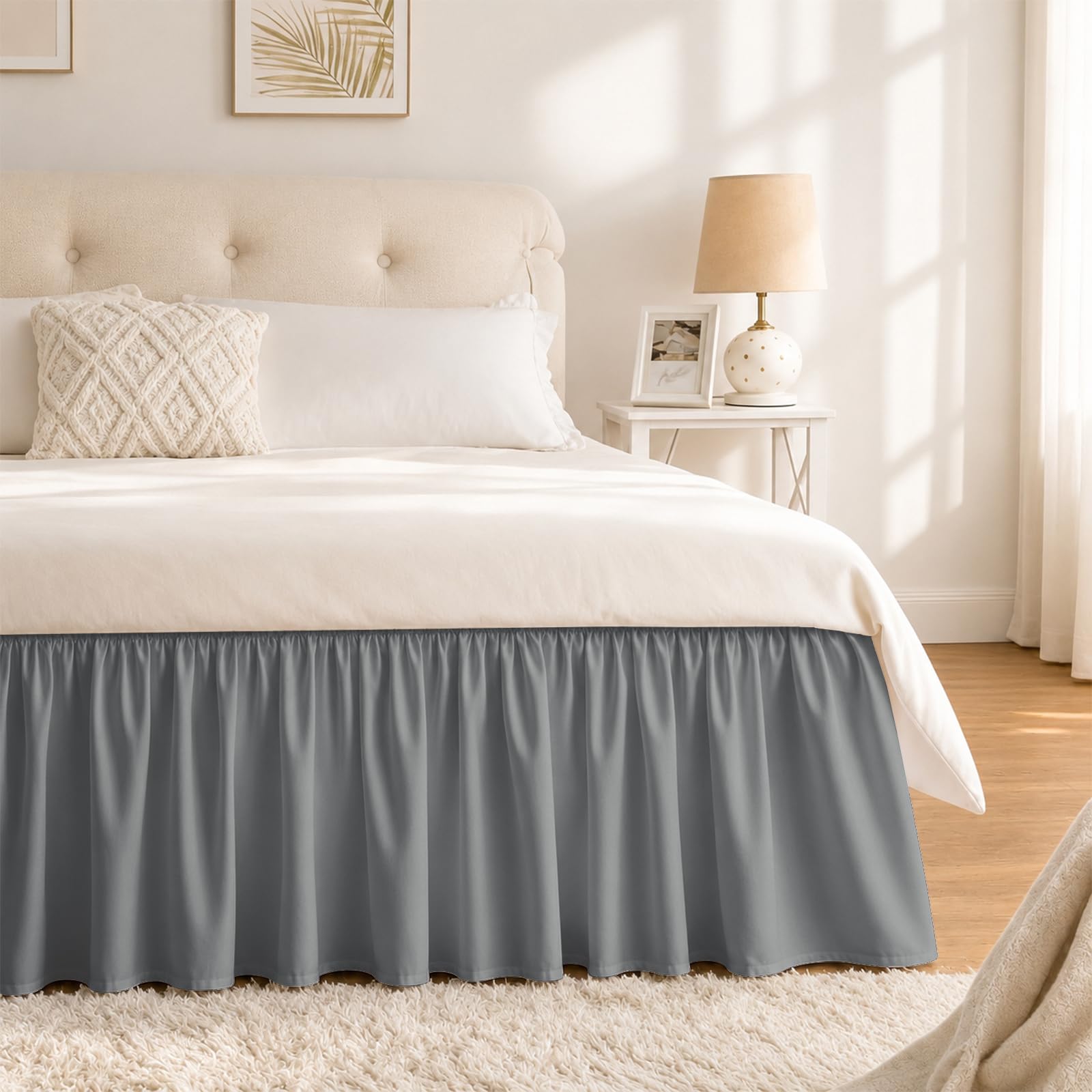 Grey Bed Skirt Queen Size 15 Inch Drop, Elastic Wrap Around Bedskirt