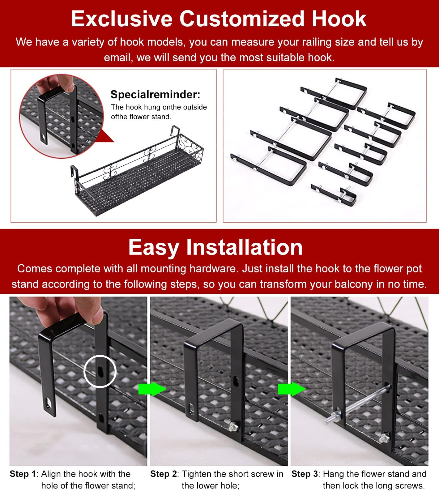 Support de Plantes Suspendu pour Balcon en Métal Noir, Étagère de Balustrade pour Pots de Fleurs, Résistant à la Rouille, pour Terrasse et Jardin