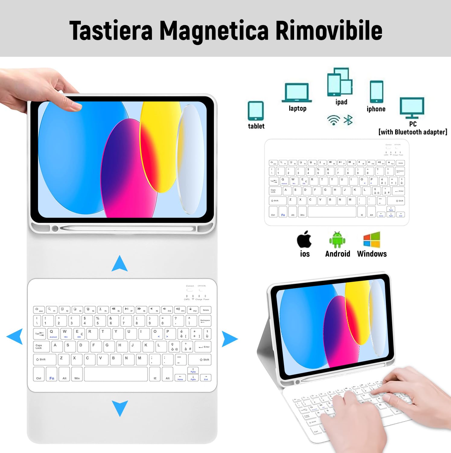 Lielax Tastiera Custodia per iPad 10a Generazione 10.9“2022, Italiano QWERTY Rimovibile Bluetooth Tastiera per ipad 10 Generazione, Custodia con Supporto Pencil per iPad 10 Gen 2022 - Grigio