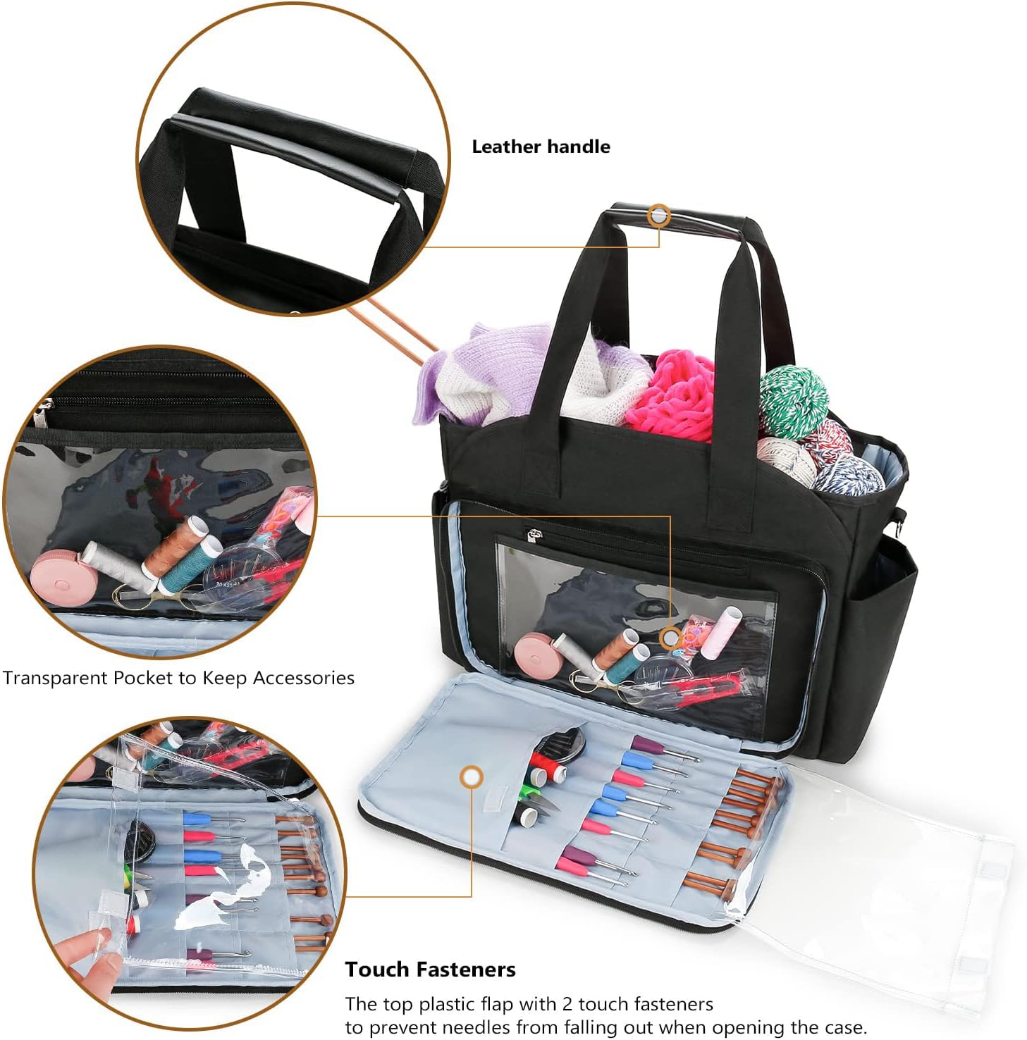 Knitting Bag - Yarn Storage Tote & Organizer, Crochet Organizer with Hooks, Needles & Accessories (Black)