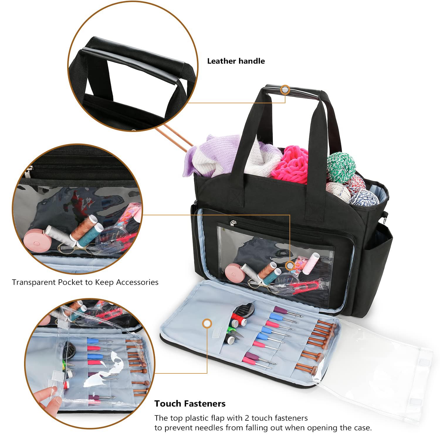 Knitting Bag Yarn Storage Tote - Yarn Storage Organizer, Crochet Organizer Bag with Crochet Hooks, Yarn Skiens, Knitting Needles and Accessories (Black)