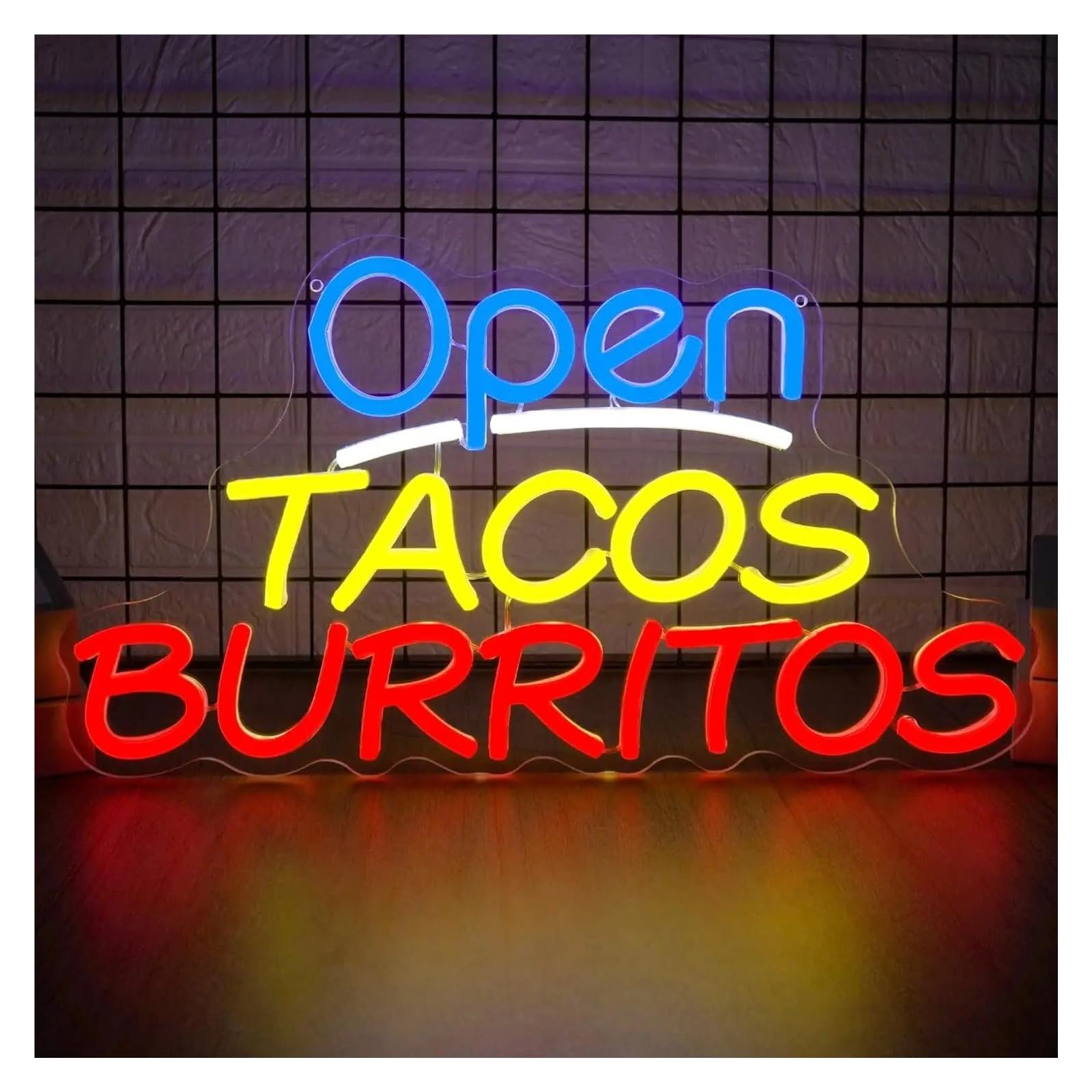 XENITE Hanging Art Neon Signs Open Tacos Burritos Neon Sign LED Light Dimmable USB Powered for Restaurant Mexican Food Bar Business Wall Decor 16.7inx9.3in