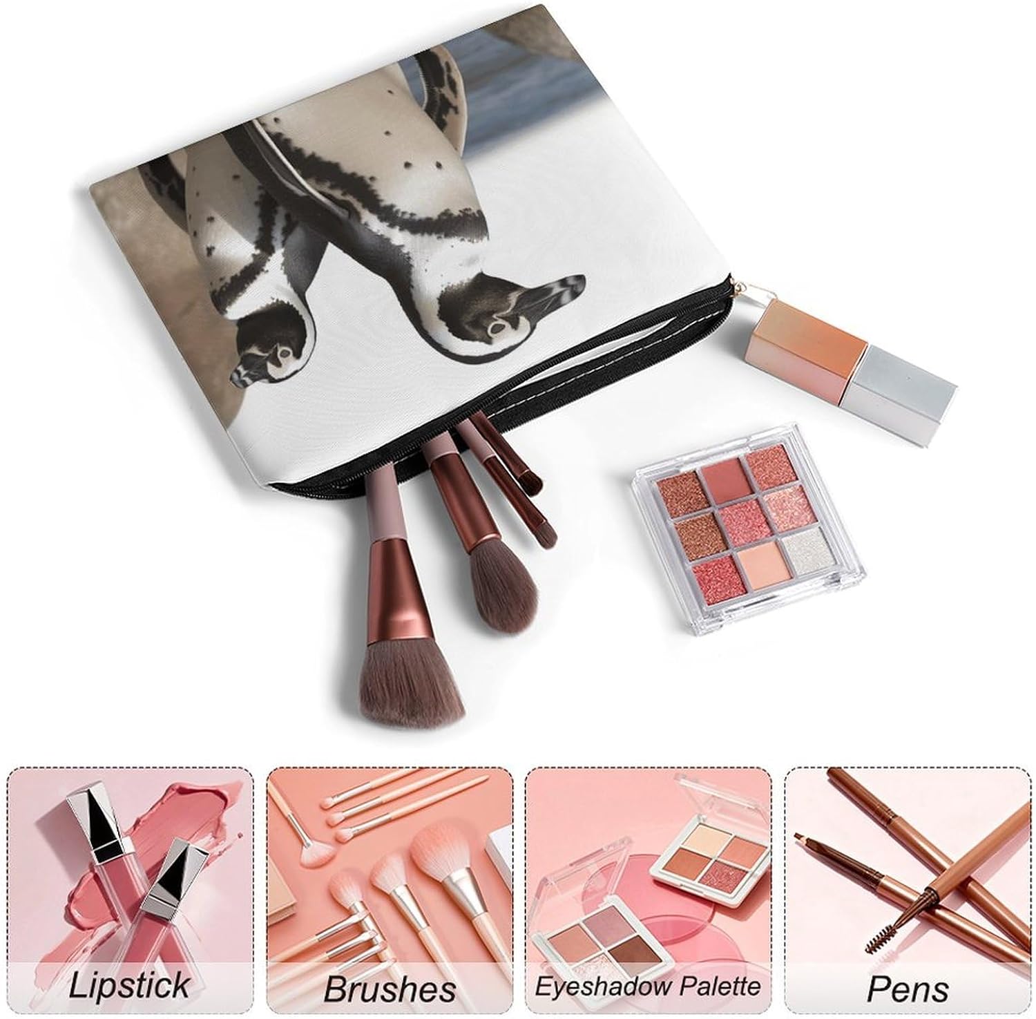 African Penguin Makeup Bag for Travel, Large Capacity Toiletry Bag with Zipper, Leather Cosmetic Organizer Bag, Waterproof Cosmetic Storage Case with Hook, Makeup Case image 3