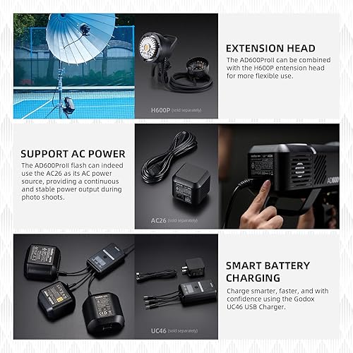 Vista 27 de GODOX AD400 Pro AD400Pro - Luz estroboscópica para exteriores, 400 W TTL portátil Flash Monolight, 390 estallidos de potencia completa, 0.01-1s