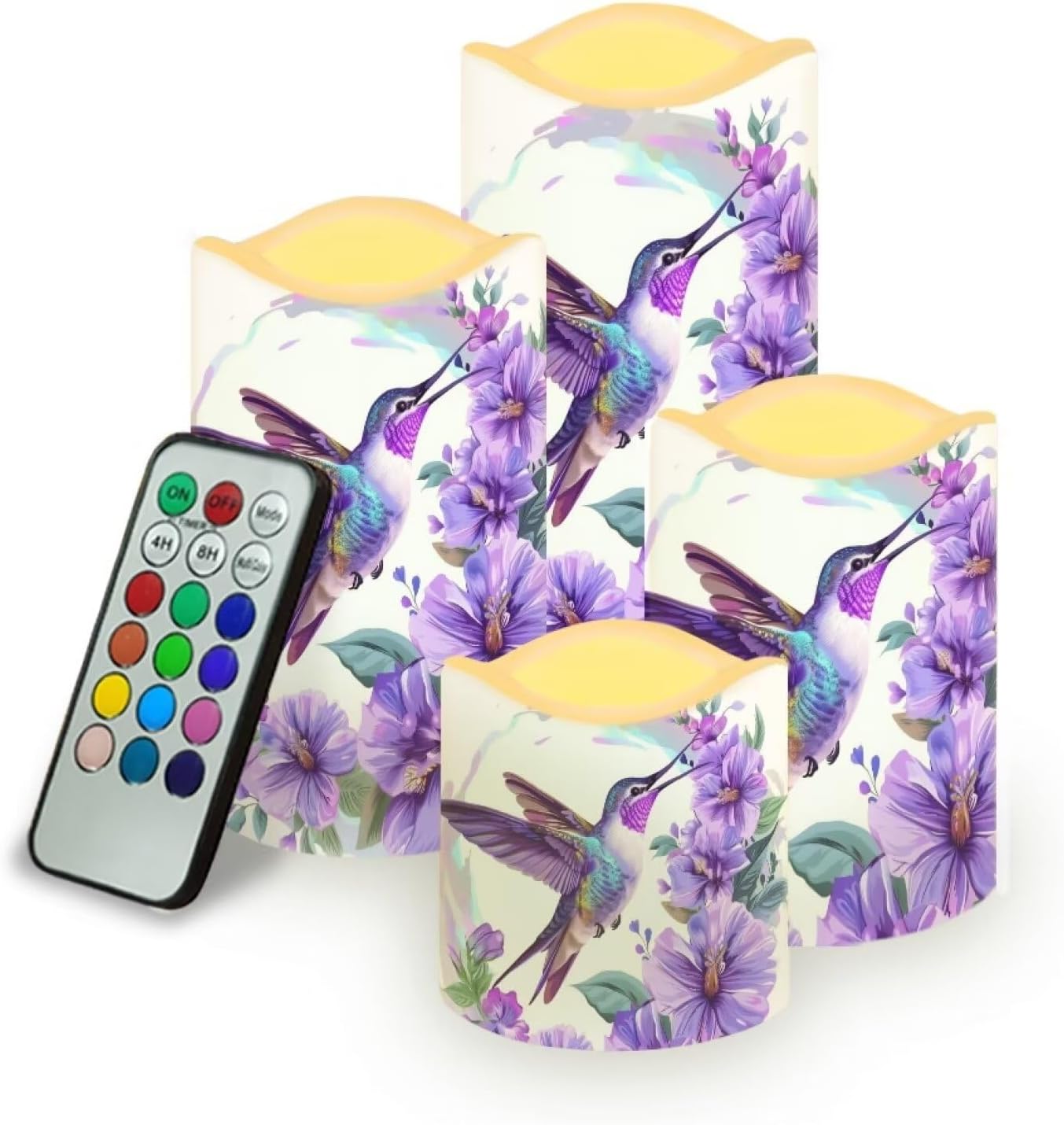 Purple Hummingbird Pillar Candles Bulk Led Flameless Battery Operated Candles with Timer Remote Color Changing Electric Fake Candles for House Warming Home Decorations Set of 4