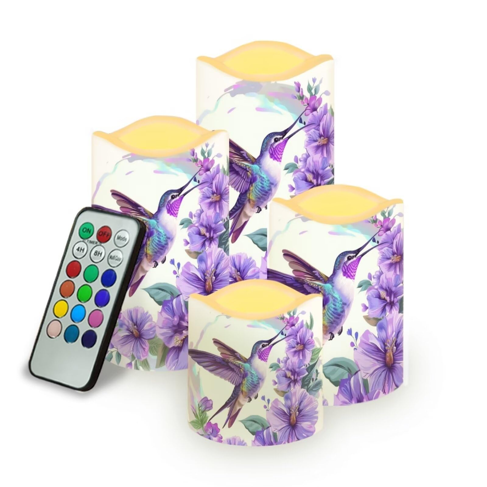 Purple Hummingbird Pillar Candles Bulk Led Flameless Battery Operated Candles with Timer Remote Color Changing Electric Fake Candles for House Warming Home Decorations Set of 4