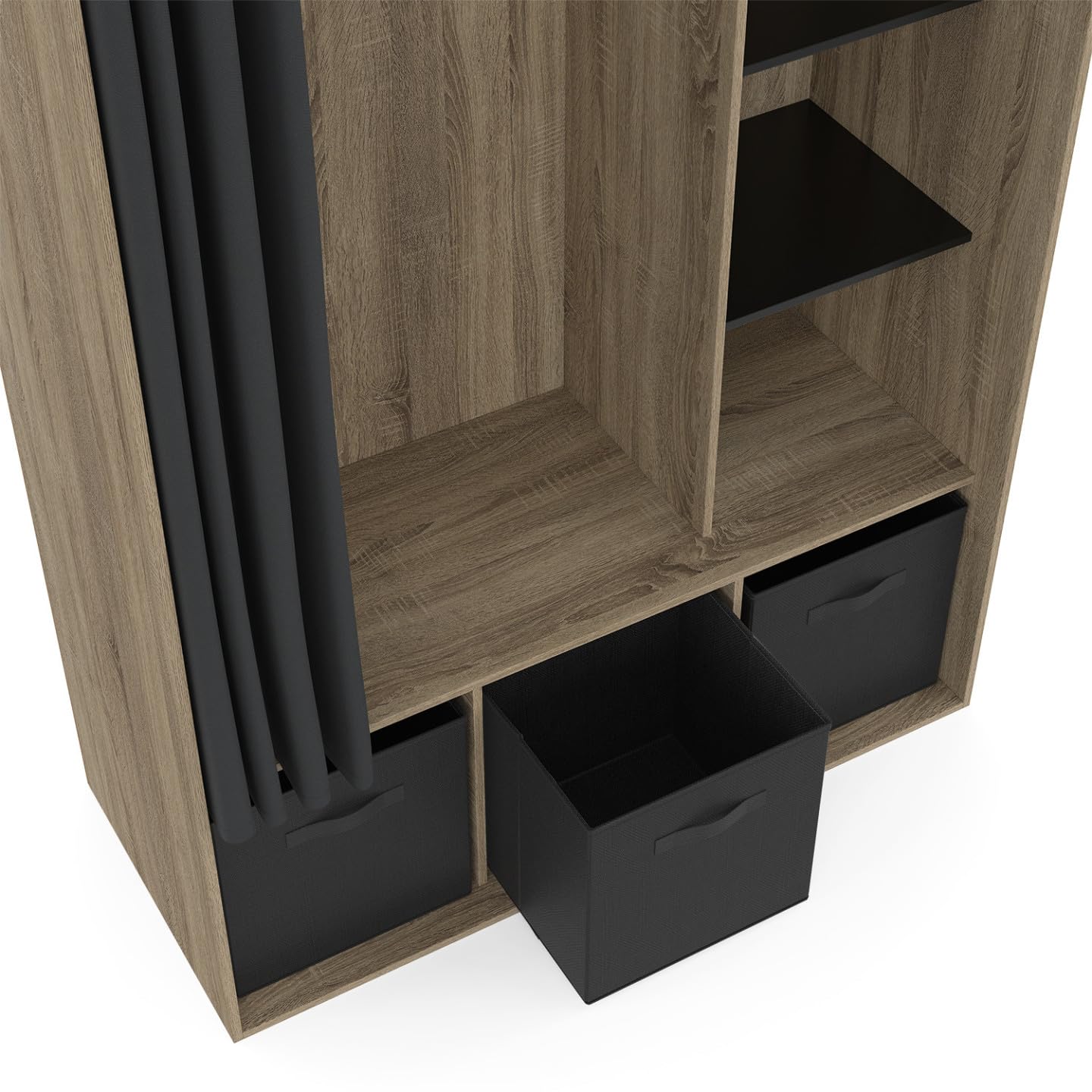 IDMarket - Dressing penderie Diane 105 x 50 x 172 cm hêtre avec étagères + boites de Rangement + Rideau Noir