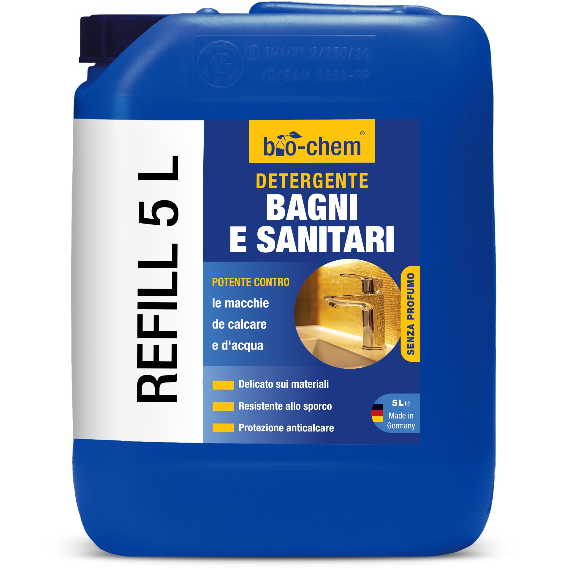 bio-chem Detergente per bagno e toilette anticalcare 5L | Prodotto per la pulizia di doccia, lavandino e WC - Detergente anticalcare e antimuffa per il bagno