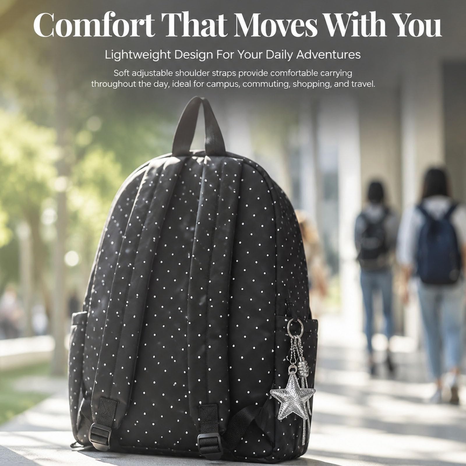 Jeeeun Piano Backpack, Cute Polka Dot Music Backpack for Women with Pendant, Lightweight Daypack for College, Travel & Everyday Use (White)