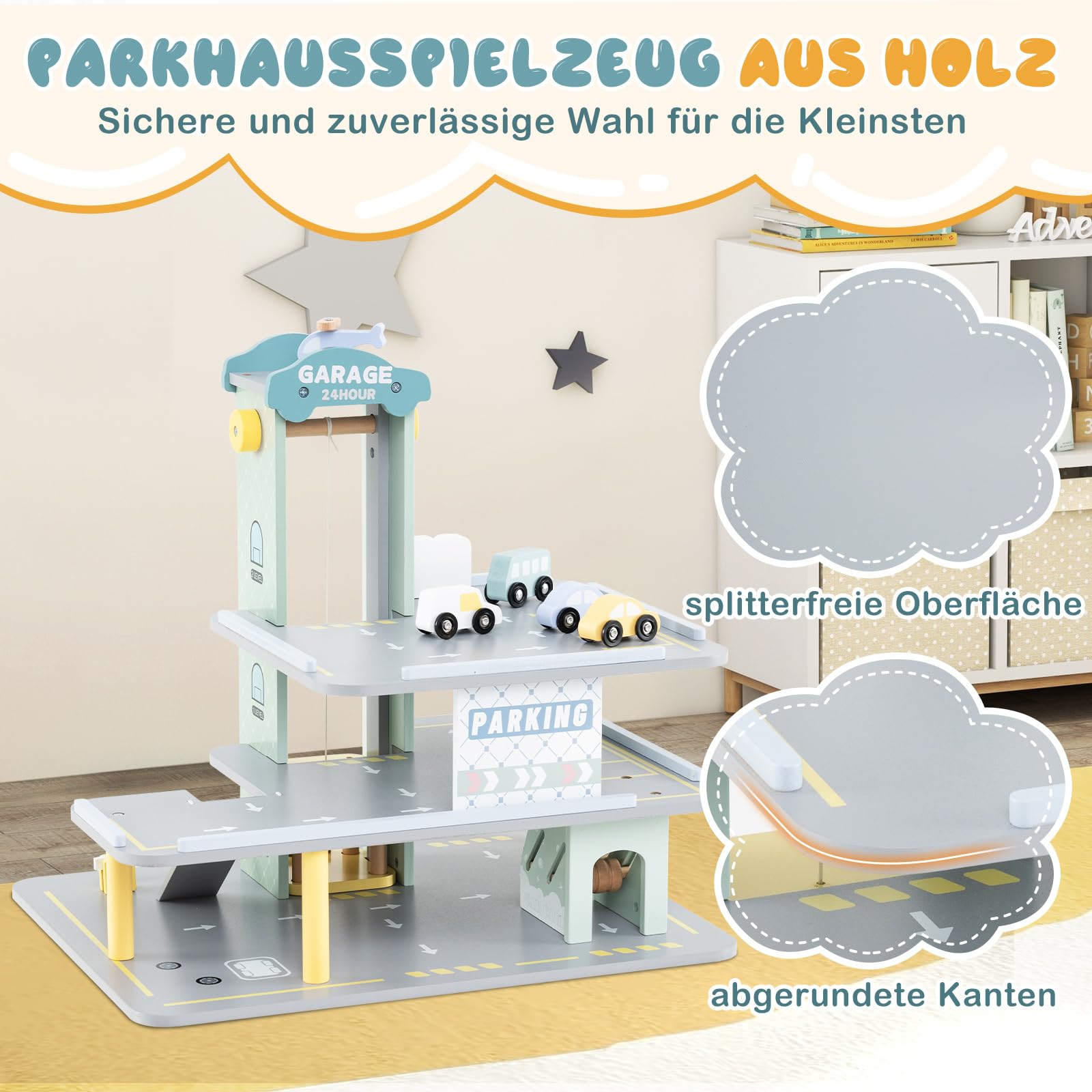 DREAMADE Kinderparkhaus aus Holz, Parkgarage für Kinder mit 4 Autos & 1 Hubschrauber, 3-stöckige Parkgarage mit Aufzug, Autowaschanlage und Tankstelle, Parkhaus für Kinder ab 3 Jahren