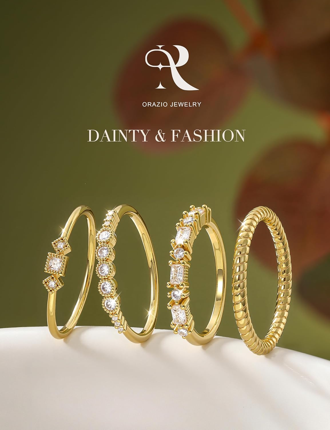 ORAZIO 14K Gold Plated Stackable Rings for Women Non Tarnish Dainty Cubic Zirconia Wedding Engagement Bands Ring Set Minimalist Trendy Statement Anniversary Promise Thumb Stacking Rings Size 6-10 - Image 4