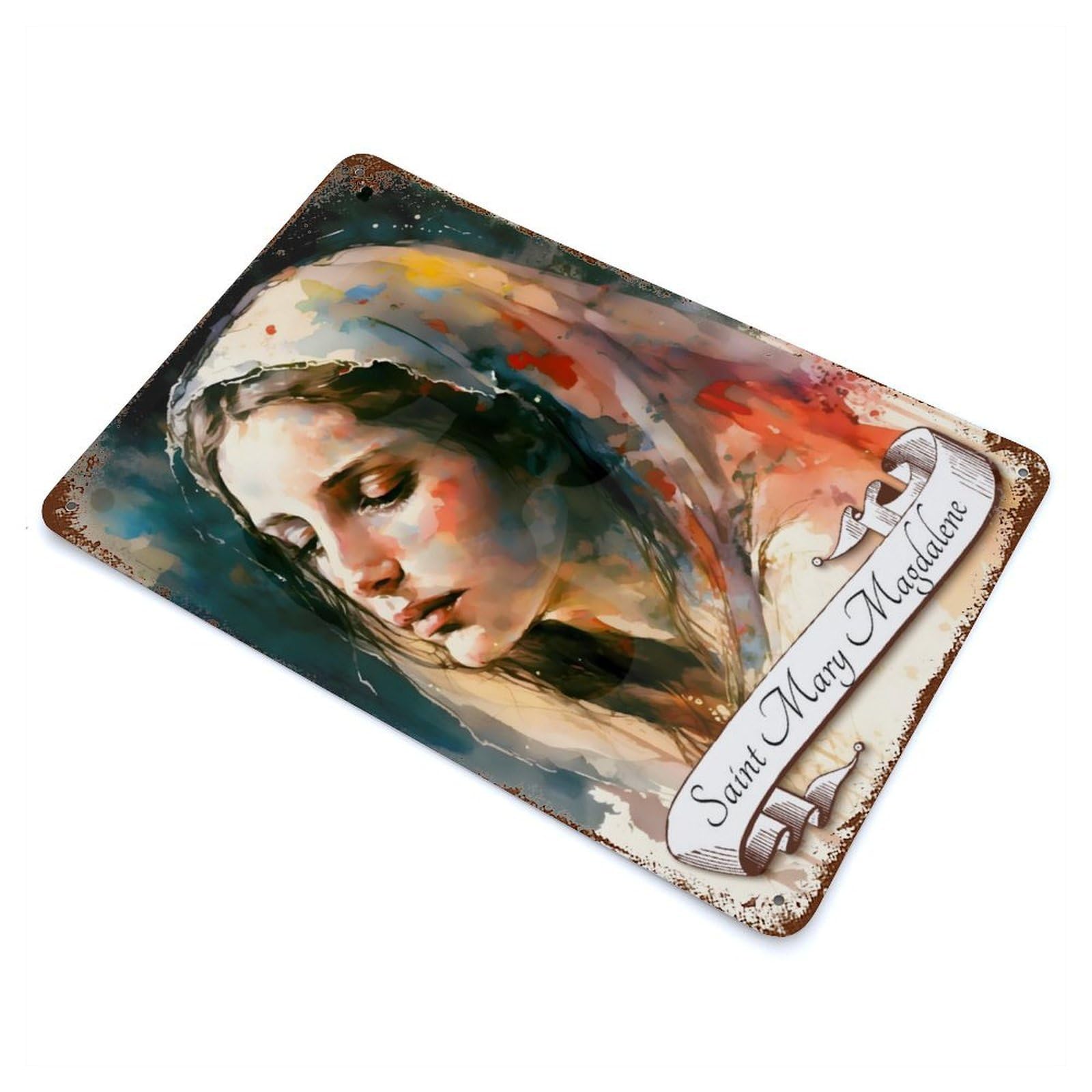 Distressed Metal Wall Sign with Saint Mary Magdalene Design 11.8"x7.9", for Living Room, Hallway And Home Decor, Vintage Wall Decor