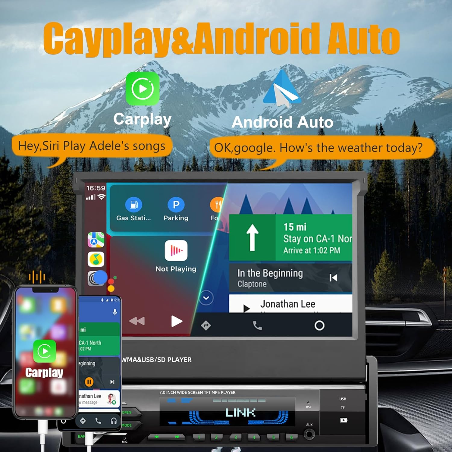 Apple CarPlay and Android Auto interfaces on car stereo