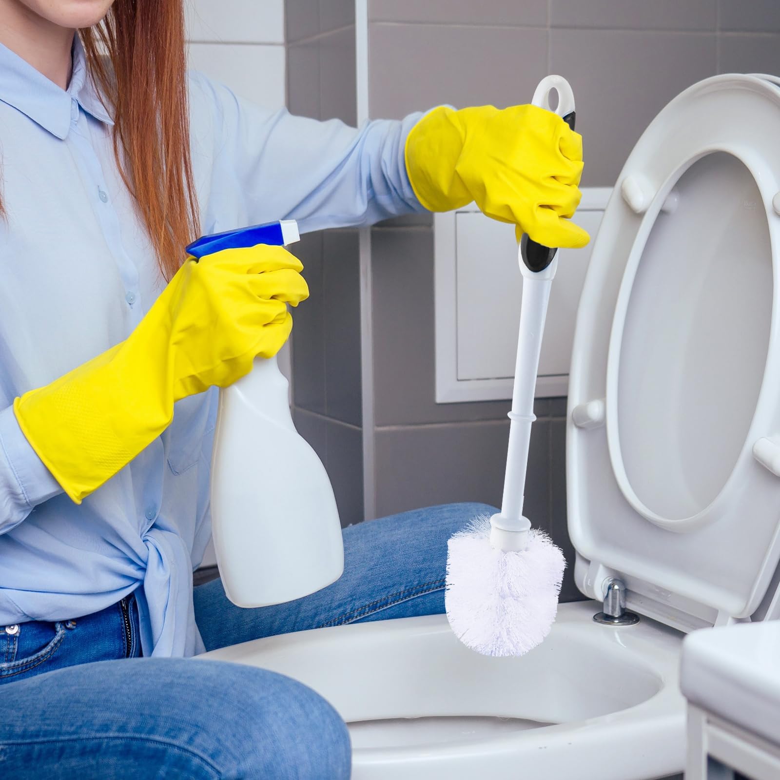Tioncy Paquete de 6 cepillos de inodoro de 14.96 pulgadas con soporte, cepillo de inodoro y cesta, juego de cepillo de inodoro de cerdas rígidas para suministros de limpieza de baño (negro, blanco)