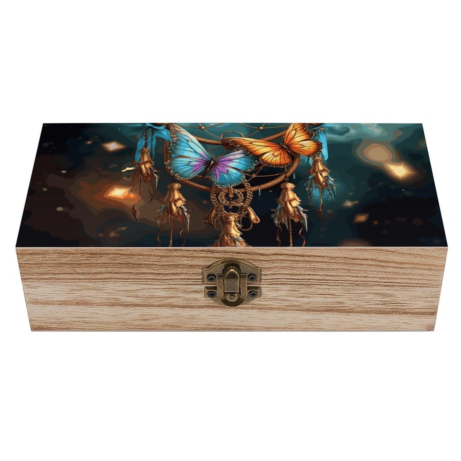 WAFICAC Dream Catcher Butterfly Wooden Keepsake Box Wooden Box with Hinged Lid Decorative Storage Boxes Unique Gift Ideas for Men & Women Size 7.9" X 3.9" X 2.3"
