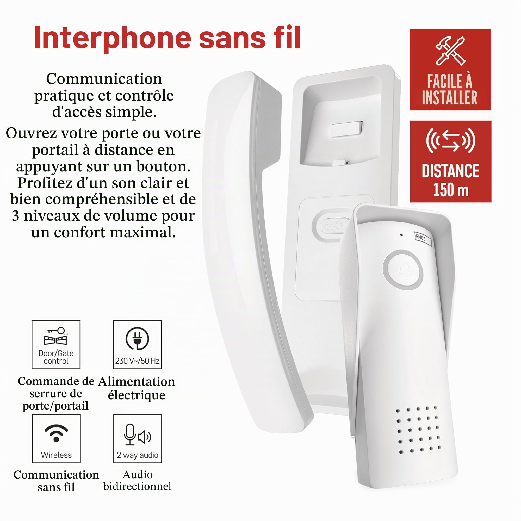EMOS - Kit d'interphone Audio sans Fil - Connexion sans Fil - Design élégant - Kit Audio/interphone avec possibilité d'ouvre-Porte - Facile à Utiliser - Prise d'alimentation (230V/12V) - Blanc