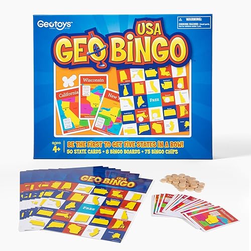 Miniatura 7 de GeoToys GeoBingo Set, World & USA Bingo para niños, juego de geografía para el hogar y la escuela, juegos de bingo para la familia, jugar y aprender