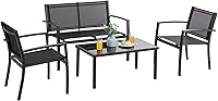 Vongrasig 4-Piece Patio Conversation Set with Glass Coffee Table - Durable Steel & Textilene Outdoor Chairs, Loveseat for Porch, Balcony, Backyard (Black)
