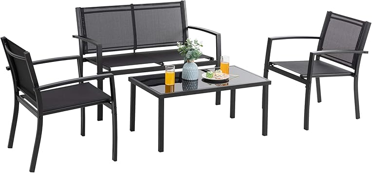 Vongrasig 4 Pieces Patio Furniture Sets,Outdoor Patio Conversation Sets with Glass Coffee Table, Small Porch Balcony Furniture, Patio Table and Chairs Set for Garden, Backyard Black