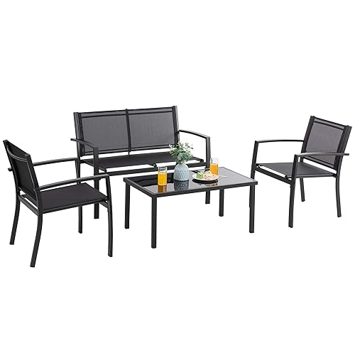 Vongrasig 4 Pieces Patio Furniture Sets,Outdoor Patio Conversation Sets with Glass Coffee Table, Small Porch Balcony Furniture, Patio Table and Chairs Set for Garden, Backyard (Black) - Black