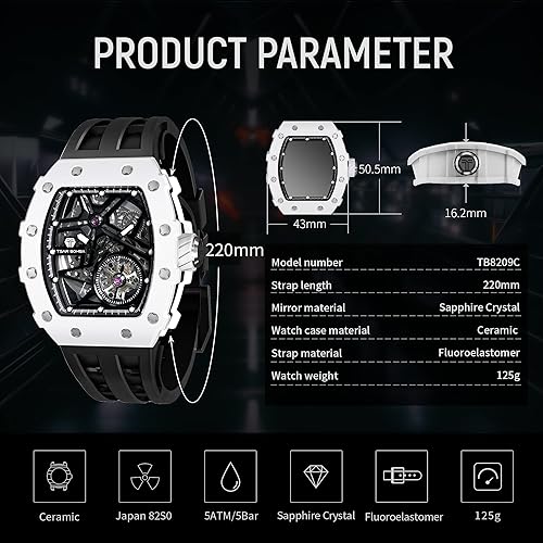Miniatura 7 de Relojes para hombres Reloj analógico mecánico automático para hombre, reloj de pulsera de esqueleto Tonneau, réplica de reloj, esfera grande, reloj