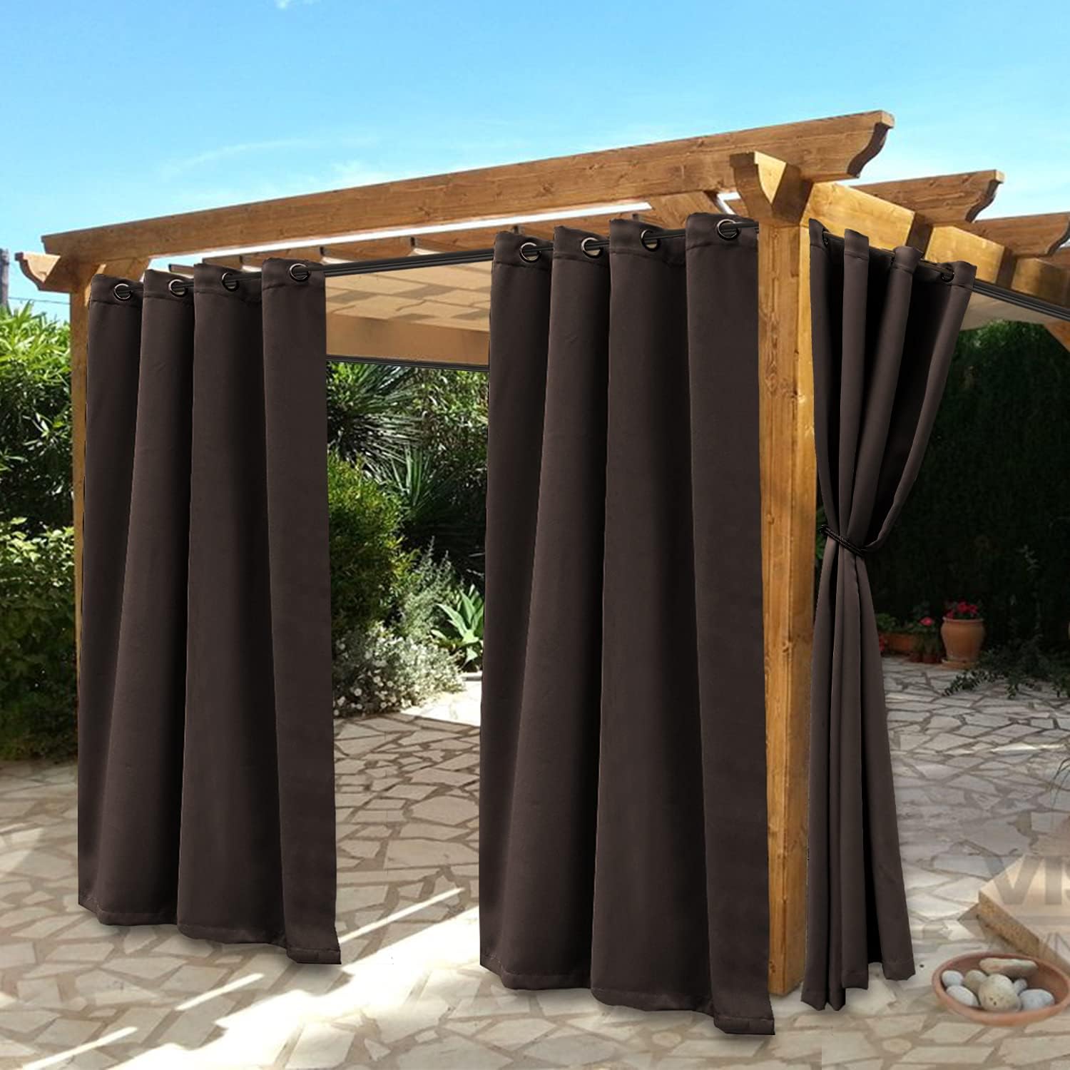 BONZER Waterproof Indoor/Outdoor Curtains for Patio - Thermal Insulated, Sun Blocking Grommet Blackout Curtains for Bedroom, Porch, Living Room, Pergola, Cabana, 2 Panels, 52 x 84 inch, Chocolate