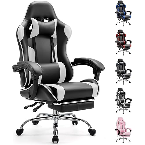 Sweetcrispy Computer Video Game Desk Chair - Ergonomic Comfy Lumbar Support with Footrest, PU Leather Recliner with Headrest, Fixed Up Armrest, Height Adjustable and 360° Swivel, for Adults, White