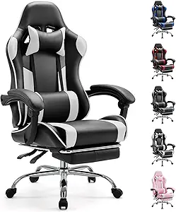 Sweetcrispy Computer Video Game Desk Chair - Ergonomic Comfy Lumbar Support with Footrest, PU Leather Recliner with Headrest, Fixed Up Armrest, Height Adjustable and 360° Swivel, for Adults, White